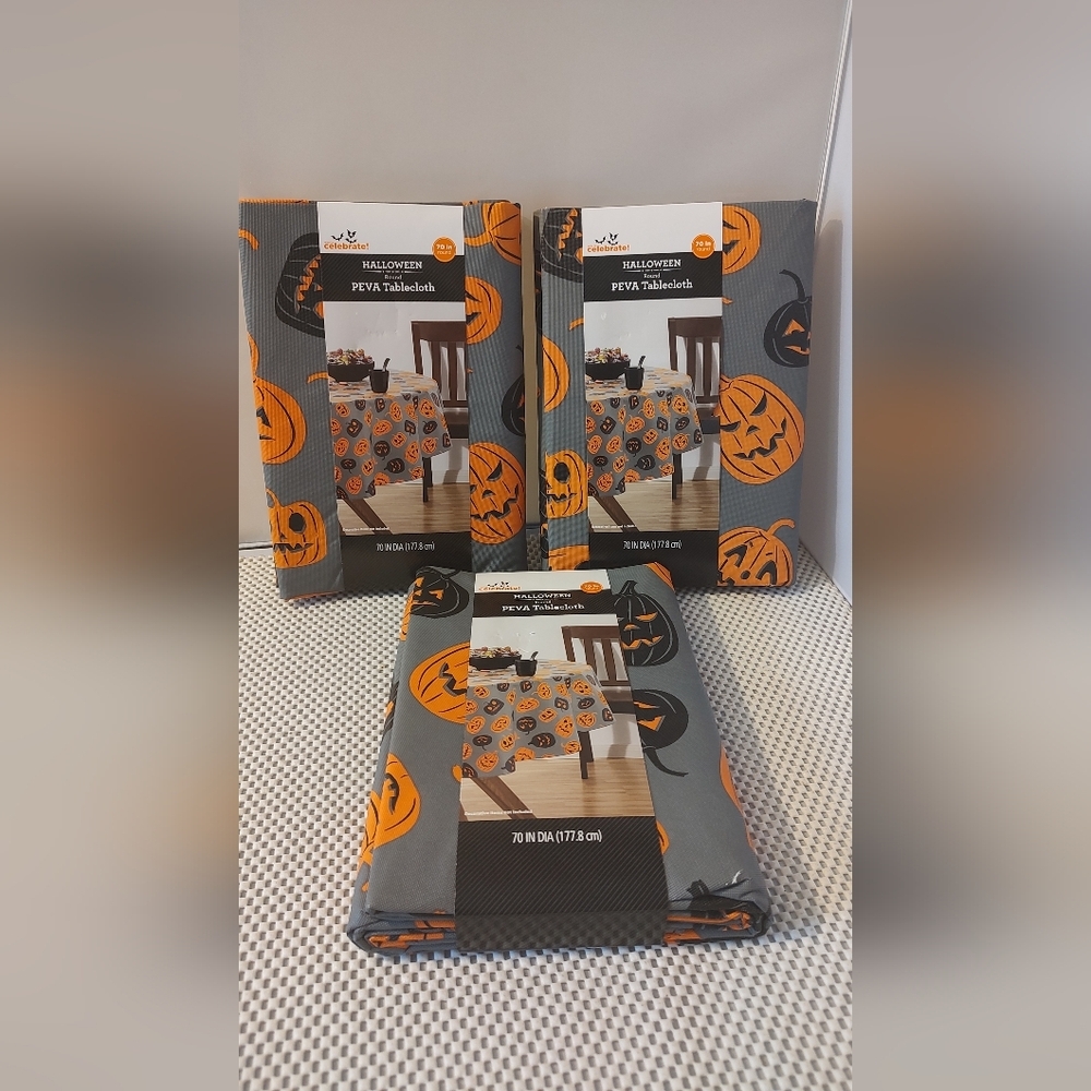 3pcs Halloween 70" Round Peva Tablecloths Grey/Orange/ Black Selling as a set